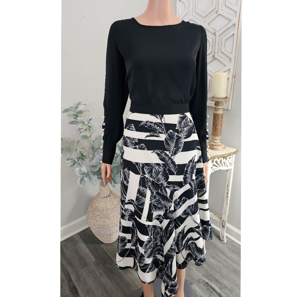 Vince Camuto Black Beige Leafs Asymmetric Chiffon Midi Skirt